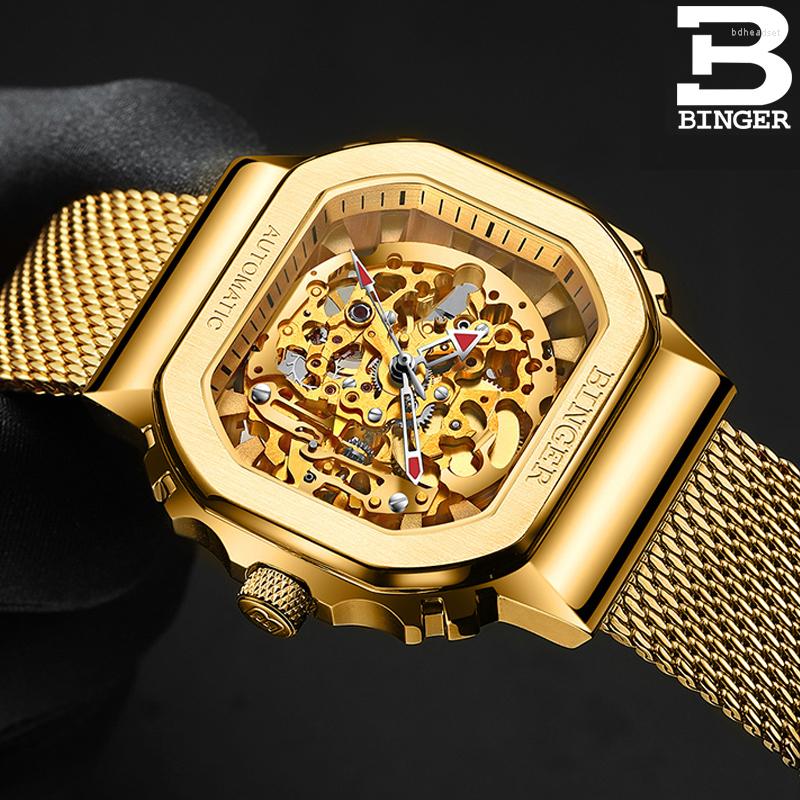 

Wristwatches Switzerland BINGER Watch Men Japan MIYOTA Automatic Mechanical Watches Skeleton Tourbillon Sapphire Waterproof, Gold