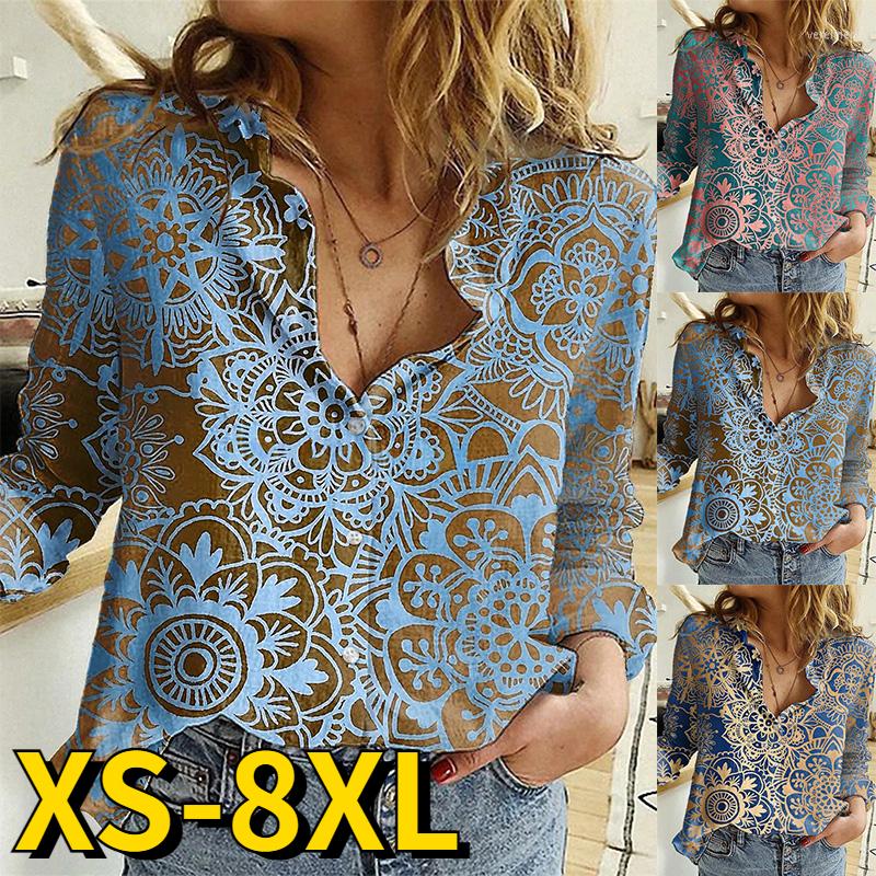 

Women's Blouses 2022 Everyday Street Vintage Autumn Winter Women V-neck Tops Trend Button Long Sleeve Design Printed Loose Shirt, Blue