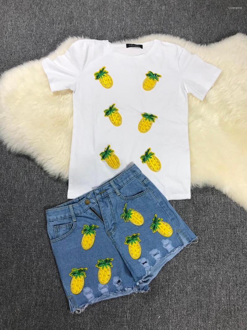 

Women' Tracksuits Amolapha Summer Women Pineapple T Shirts Jeans Suits Diamonds Casual Tshirt Pullovers Denim Holes Short Jean Sets For, Black