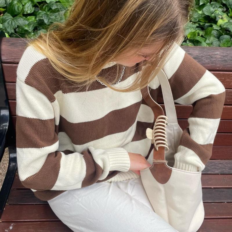 

Women' Sweaters FUFUCAILLM Fashion Stripes Women Crew Neck Long Sleeve Knitted Pullovers Autumn Vintage England Stlye Baggy Tops Retro, Green