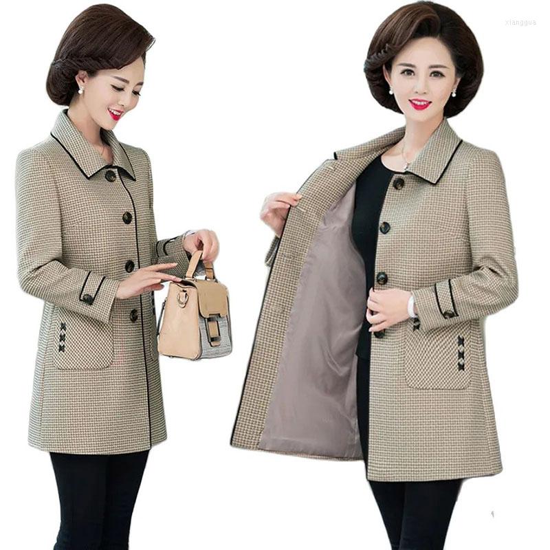 

Women's Wool Autumn Winter Women's Jacket Woolen Middle-Aged Lattice Thicken Coat Women Mid Long Cloth Overcoat Female Tops R1432, Beige