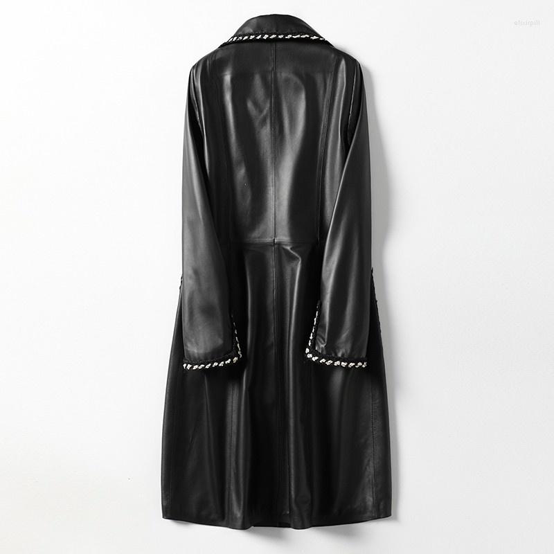 

Women's Leather Women Elegant Autumn Long Trench Coat Single Breasted Genuine Jacket Fashion Office Ladies Windbreaker Jackets, Black