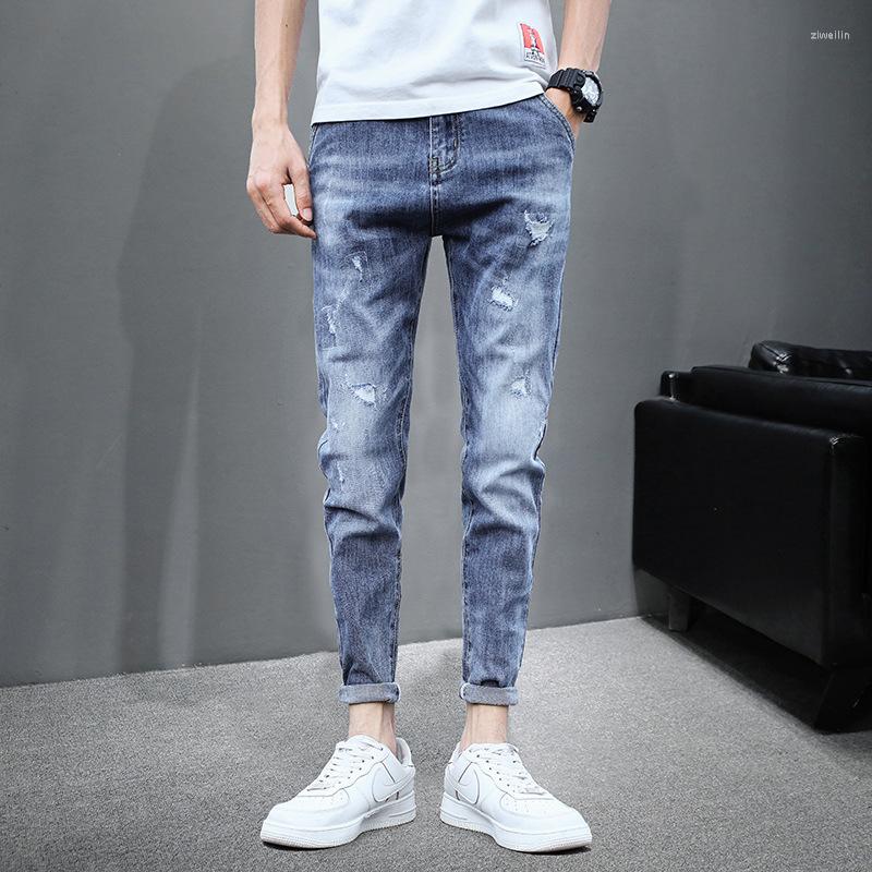 

Men's Pants Spring Autumn 2022fashion Teenagers Jeans Men's Korean Elastic Feet Holes Casual Light-colored Brand Ankle Length Pencil, Blue