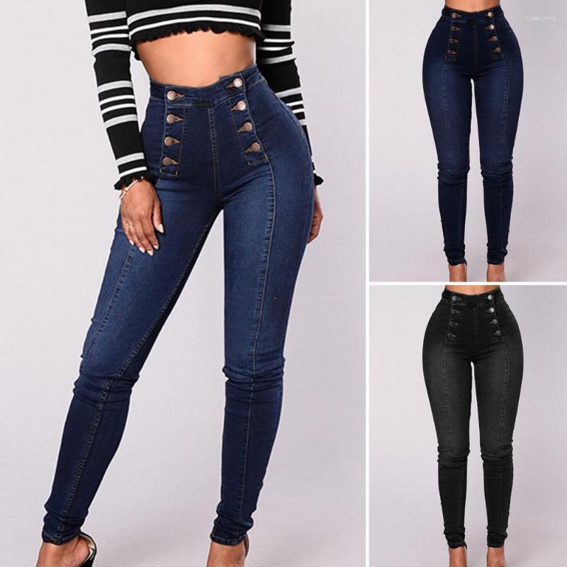 

Women's Jeans 40%High Waist Buttons Decoration Shaping Women Pockets Push Up Fashion Skinny Double-breasted Pencil Streetwear, Black