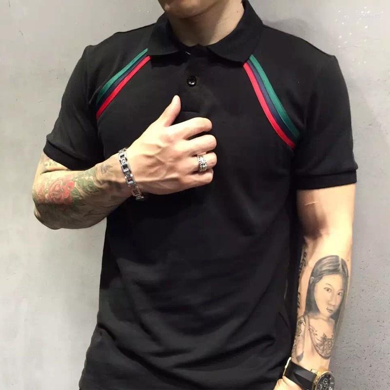 

Men's T Shirts Summer 2022 Striped Slim T-Shirts Men Business Casual Short Sleeve Cotton Tops Male High Street Lapel Black Plus Size