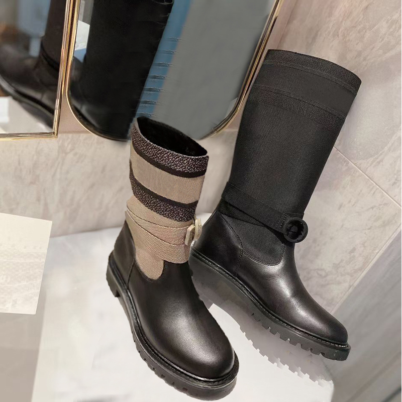 

Autumn winter womens Western boots Soft cowhide Elastic belt designer High boot Leather lady platform letter shoe fashion Thick soled women shoes Large size 35-41-42, White+black+long boots