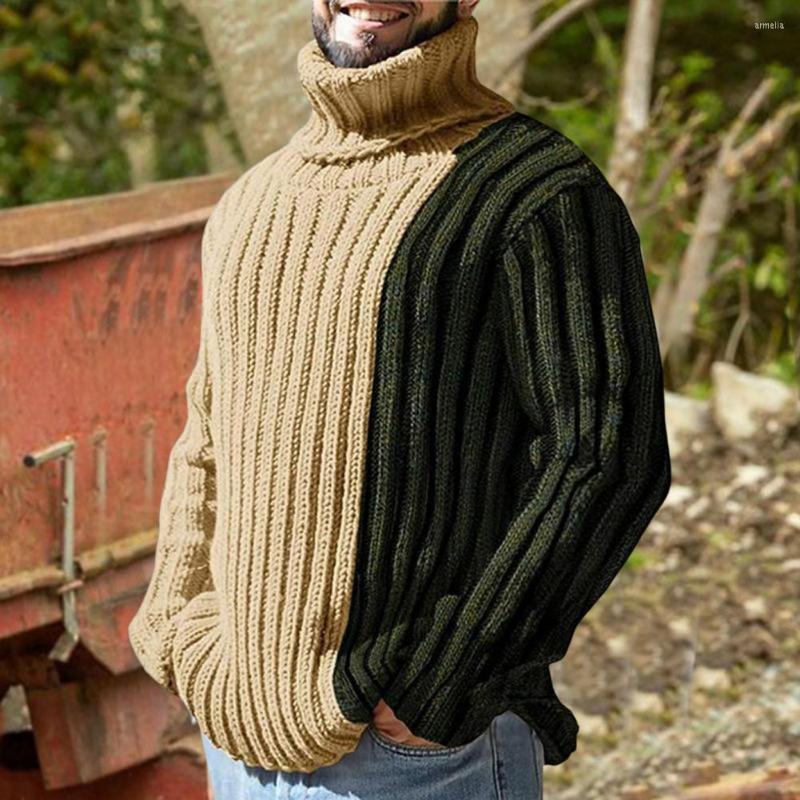 

Men's Sweaters Men Sweater Turtleneck Long Sleeve Ribbed Autumn Winter Patchwork Color Thickened Warm Jumper, Apricot
