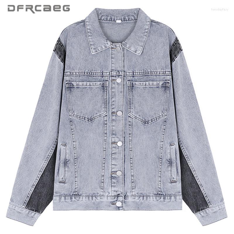 

Women' Jackets Streetwear Vintage Patchwork Denim Coats Womens 2022 Spring Long Sleeve Harajuku Jeans Loose Retro BF Outwear, Light blue