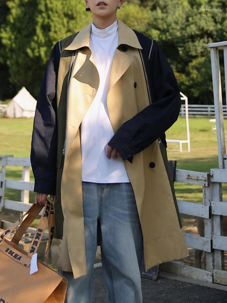

Men's Trench Coats Color Coat Design Contrast Korean Fashion Loose Casual Versatile Length Windbreaker 2023 Patchwork Male Tops, Khaki