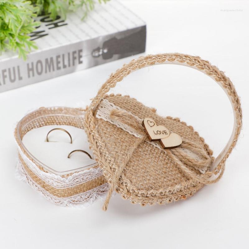 

Jewelry Pouches Flower Basket Ring Box Romantic Burlap Bow Wedding Storage Holder Handmade Jewellery Organizer Case For