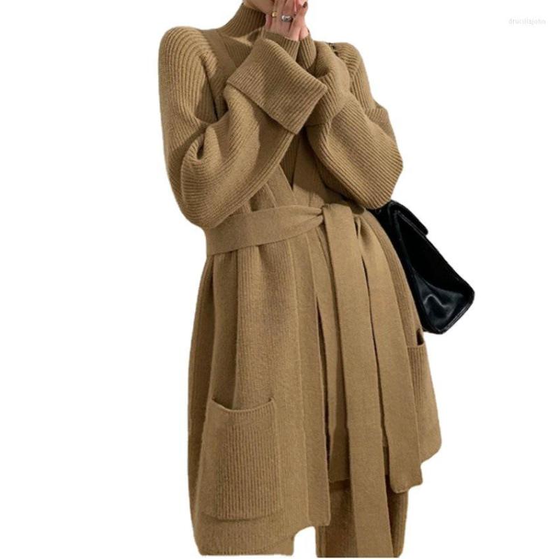 

Women' Two Piece Pants The Knitted Suit Thickens -style High-class Feeling Fashionable Wide-leg Sweater Cardigan Three-piece Female, Black