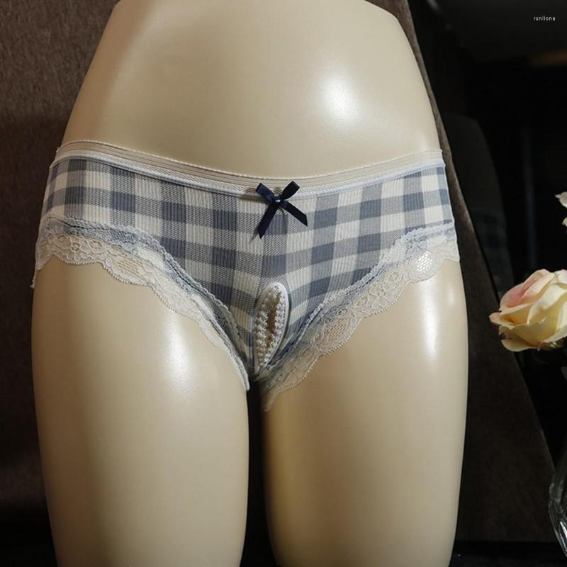 

Underpants Plaid Low Waist Open File Briefs Sexy Men Women Crotchless Free-To-Take Off Underwear Lattice Lace Trim Erotic Lingerie Panties, Grey grid