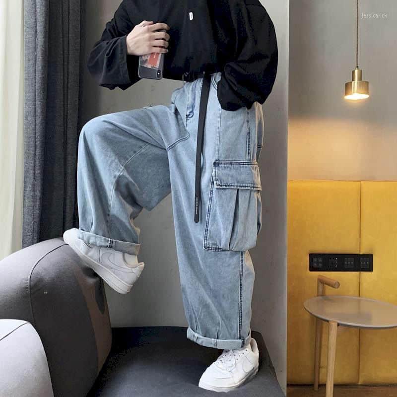 

Women' Jeans Straight Wide Leg Overalls For Men And Women Autumn Winter Denim Trousers Female Loose Student Port Style Big Pocket Couple, Light blue 01
