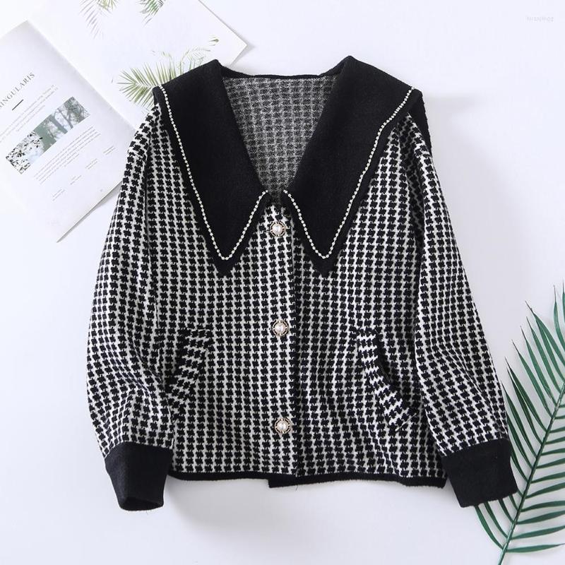 

Women' Jackets XIKOM 2022 Autumn Plaid Tweed Jacket For Women Sailor Collar Pockets Oversized Vintage Casual Coat, Black