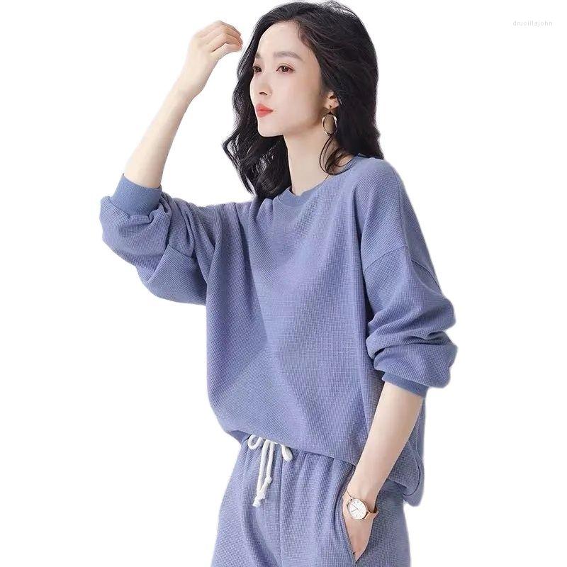 

Women's Two Piece Pants Women Waffle High-grade Gray Casual Sports Two-piece Suit Sweater Loose Korean Spring Autumn Clothes Female A946, Navy suit