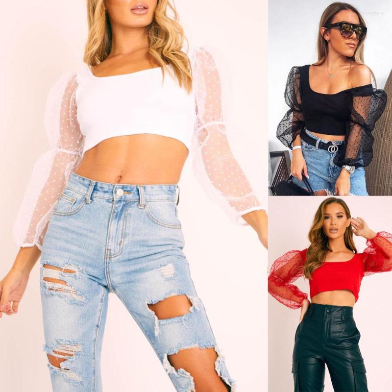 

Women' T Shirts 2022 Ladies Sexy Blouse Comfortable Women See-through Sheer Mesh Dot Puff Long Sleeve Four Colors Optional, Black
