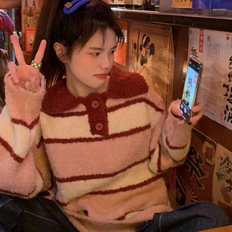 

Women's Sweaters Christmas Jumper Plush Red Striped Knitted Polo Shirt Woman Japanese Kawaii Festival Clothes Warm Pullover Winter Sweet, Green