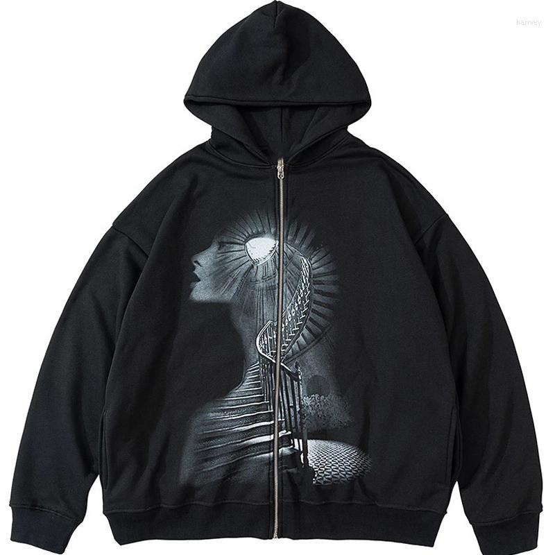 

Men' Jackets High Street Hooded Jacket Men Cotton Abstract Pattern Zipper Black Punk Rock Style Loose Coat Streetwear Spring Unisex