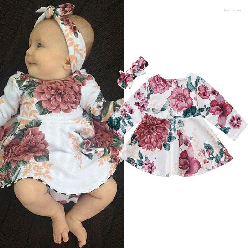 

Girl Dresses Born Infant Baby Girls Dress Floral Kids Long Sleeve Headband 2pcs Outfits Set Clothes For 0-24 Month, Multi