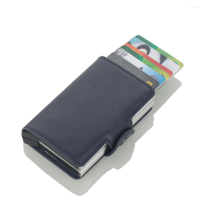 

Card Holders 2022 Men Metal Holder RFID Aluminium Alloy Women Leather Wallet Antitheft Automatic Up, Coffee-single