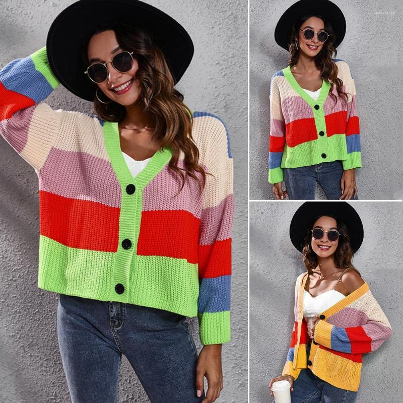 

Women' Sweaters Color Stripe Stitching Knitted Cardigan Long Sleeve Loose Sweater Women Short Coat, Ginger yellow