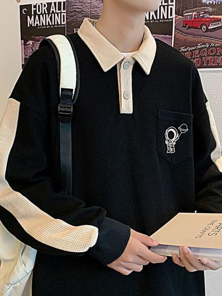 

Men's Hoodies Gmiixder Astronaut Print Lapel Shirt Men's Long-sleeved Trend Loose Preppy Tops Youth Spring Autumn Waffle Vintage Sports, Black