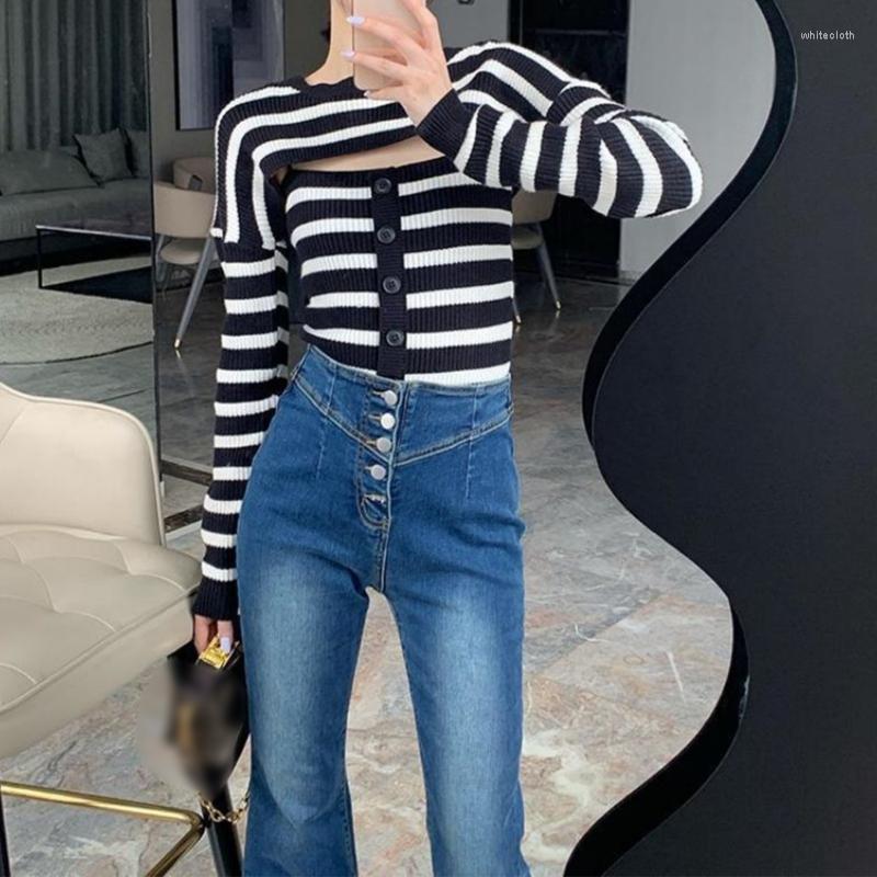 

Women's Sweaters Women Long Sleeve Knit Striped Crop Top 2Pcs Buttons Cami Tank Vest Sweater Set, Black