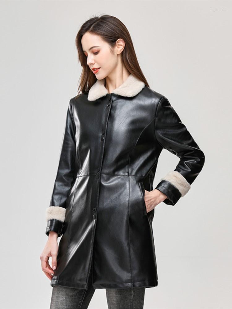 

Women' Leather Winter Women Faux Jacket Mid-length Fleece Thickened Fur Collar Coat Fashion Causal Casacos De Inverno Feminino, Black