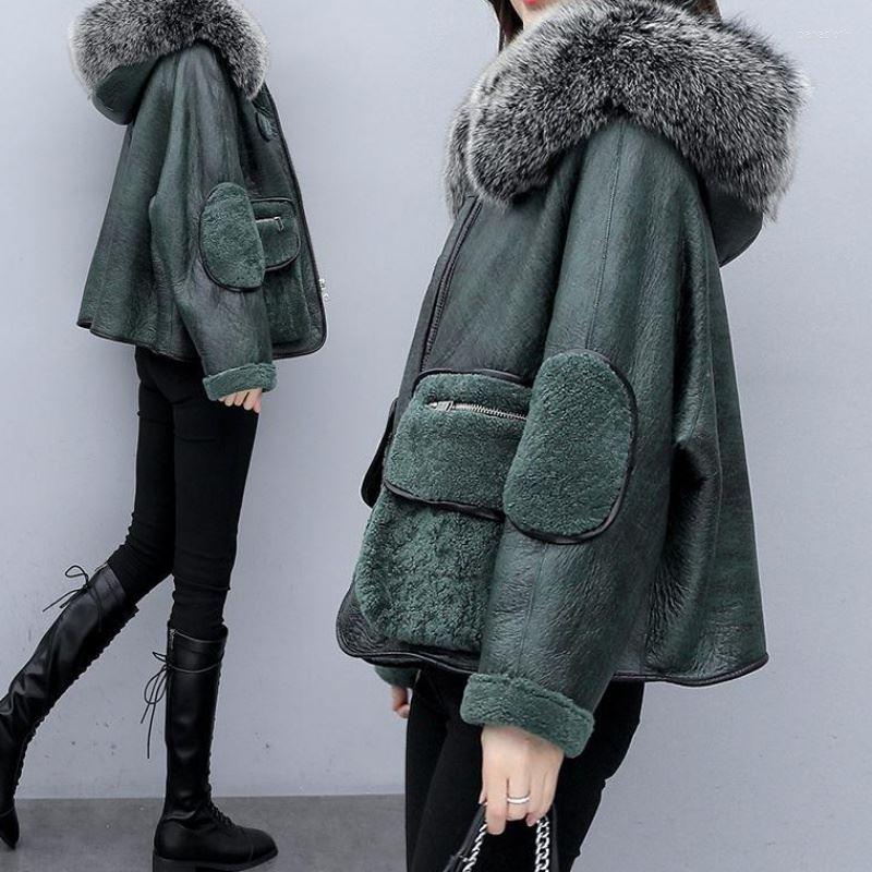 

Women' Fur Winter Jackets Green Thick Faux Coat High Quality Lamb Wool Long Sleeve Hooded Zipper Short Women Outwear