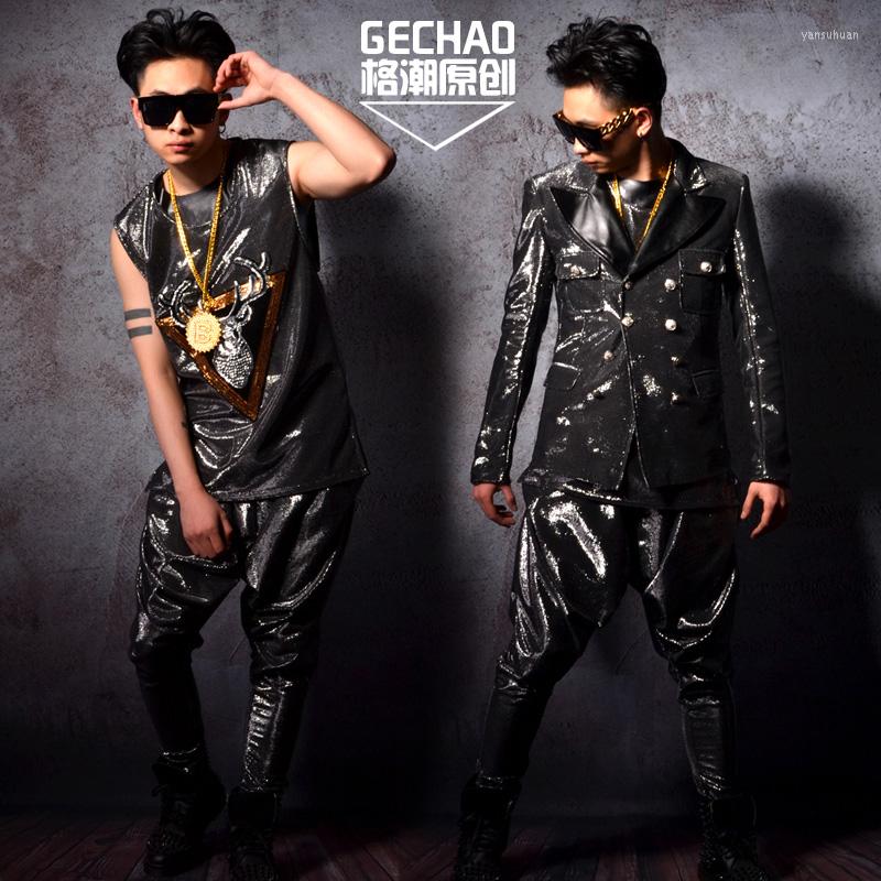 

Men' Suits 2022 Men' Clothing Fashion Dj Silver Personality Shining Blazer Suit Plus Size Men Dress Singer Costumes, Vest