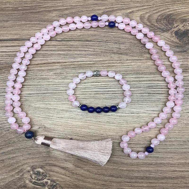 

Pendant Necklaces 8mm Rose Quartz Lapis Lazuli Japamala Set Meditation Yoga Spiritual Jewelry 108 Rosary Handmade Beaded Natural Stone