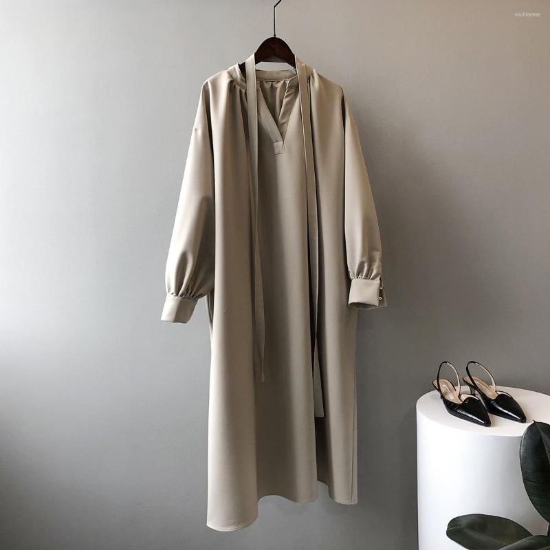 

Casual Dresses Women Mid-Calf Dress 2022 Spring V-Neck Solid Loose Retro Bohemian Vestidos Autumn, Picture color