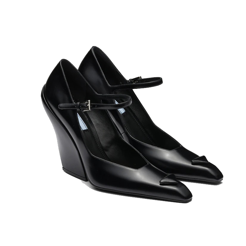 

9.5cm High Heels Women Sandals Slides Designer New Black Leather Fashion Sandal Stylish Pointed Origin Quality Luxurys Geometry Woman Slippers Triangle with Letter