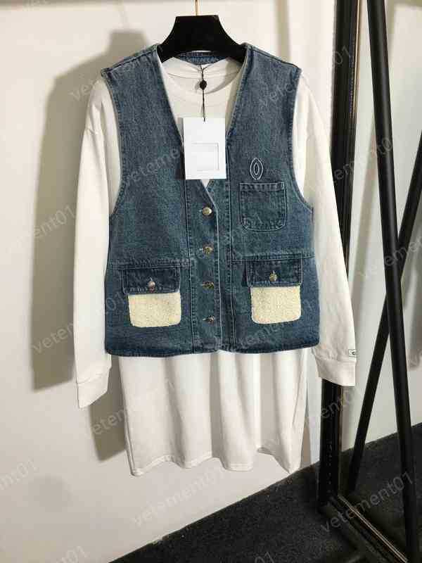 

Fashion Womens Dress C..el Vest Denim Jacket And Long Sleeve Dress 2 Piece Sets Temperament Luxury Sexy Designer Women Clothing