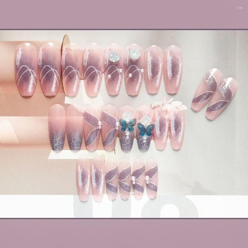 

False Nails 24pcs French Long Ballerina Blue Shinning Crystal Butterfly Fake Nials Detachable Full Cover Nail Tips, Lk15162