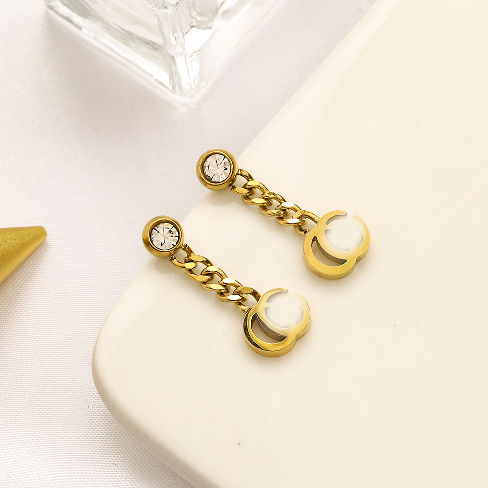 

18K Gold Plated 925 Silver Luxury Brand Designers Letters Stud Long Eardrop Stainless Steel Geometric Famous Women Crystal Rhinestone Earring Wedding Jewerlry