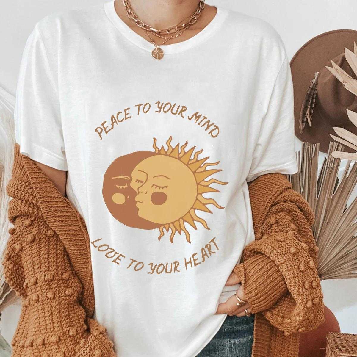 

Mystic Sun And Moon T Shirts Graphic Colored T-shirt Peace To Your Mind Love Heart, White