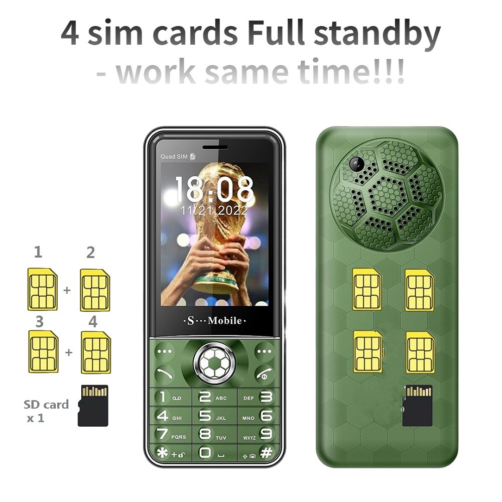 

Unlocked Low Price GSM 2G Bar Mobile Phone 4 Four Sim card 3000mAh FM MP3 Flashlight Torch Cellphone Big Keyboard Loud Sound For Elder Quad Band Cellphones, Green