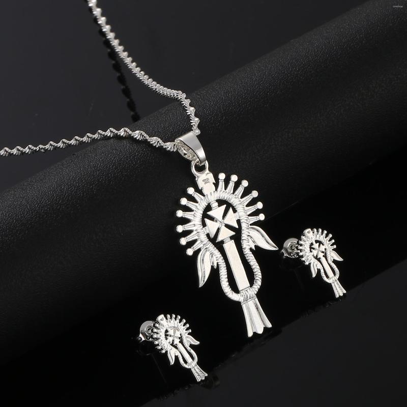

Necklace Earrings Set Ethiopian Silver Color Cross Pendant Neckalce For Women Girls Eritrea African Crosses Jewelry, Picture shown