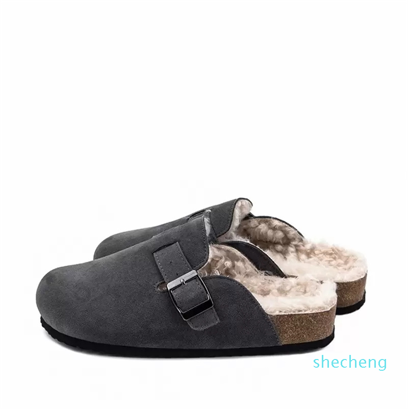 

Slippers Winter Faux Leather Long Plush Warm Indoor Soft Cork Buckle Slides, Gray