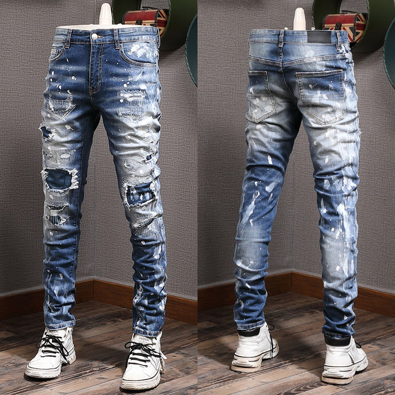 

Stretch Design Denim Jeans Biker Fit For Mens Slim Painted Patch Trim Leg Cowboy Pants Male CRCC, Amr-8290