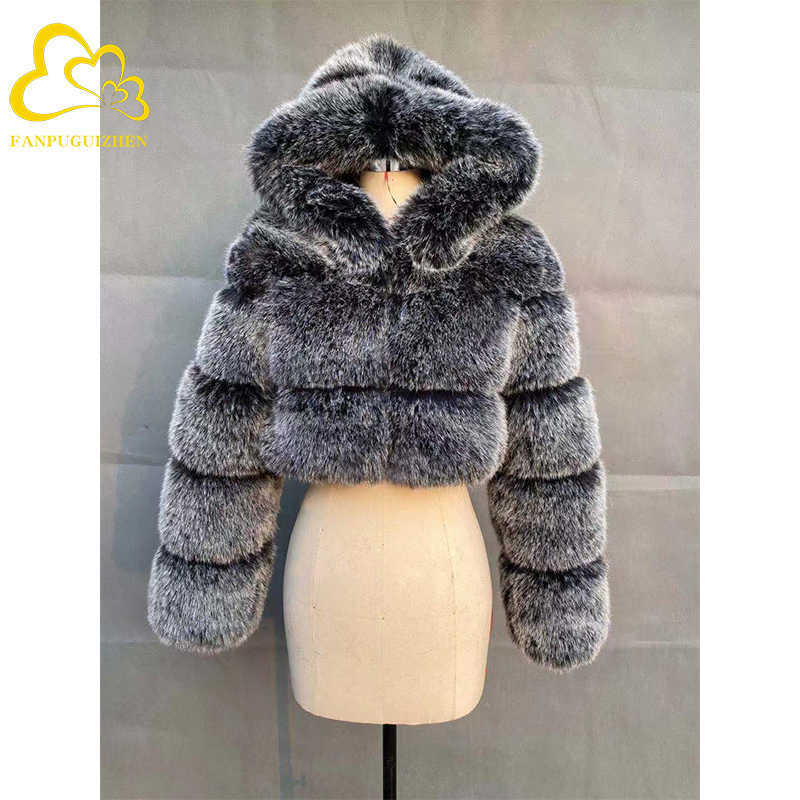 

Women's Fur Faux Winter Warm Fluffy Coats Jackets Women High Quality Fake Cropped with Hooded Jacket T221102, Khaki