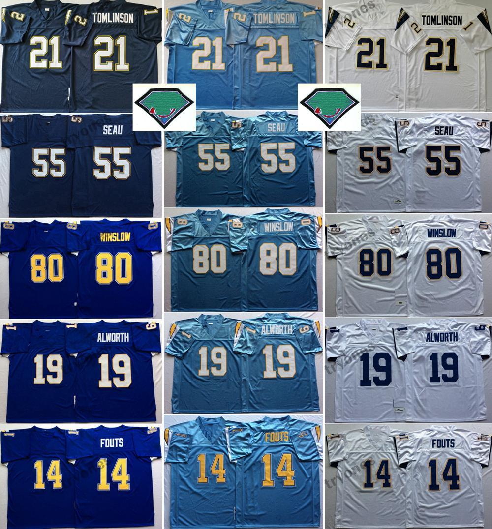 

CUSTOM Mens Vintage 21 LaDainian Tomlinson 55 Junior Seau Football Jerseys 14 Dan Fouts 19 Lance Alworth 80 Kellen Winslow Stitched Shirts 1, White21