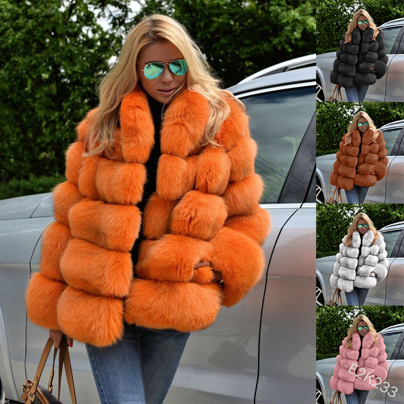 Women&#039;s Fur Winter Women Luxury Faux Fox Coat Plus Size Stand Collar Long Sleeve Jacket-image-997933359