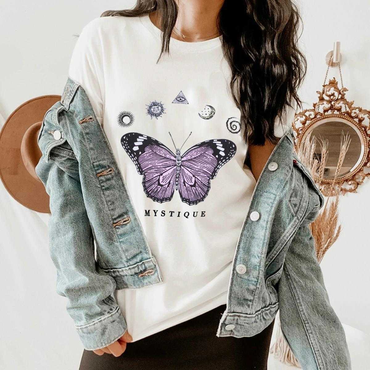 

Mystique Butterfly T-shirt Colorful Tops Witch Shirt Retro Sun Moon Graphic Tees, White