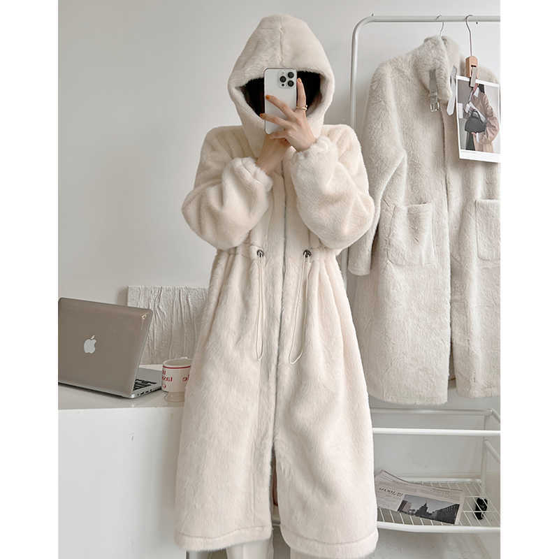 

Women's Fur Faux Winter Women High Quality Integrated Eco Friendly Mink Velvet Long Baggy Thick Warm Hooded Plush Coats Overcoat T221102, Beige