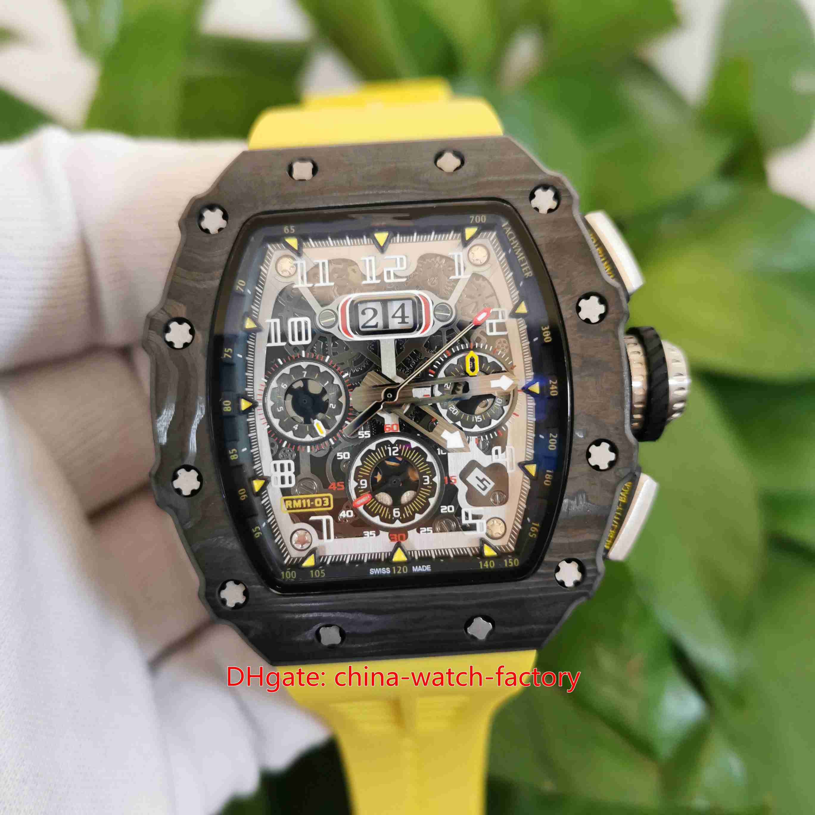 

New Chronograph mechanical wrist watches rm11-03 Hot Items Skeleton Carbon Yellow Rubber Bands Sapphire Transparent Automatic Men's High-quality, With box papers