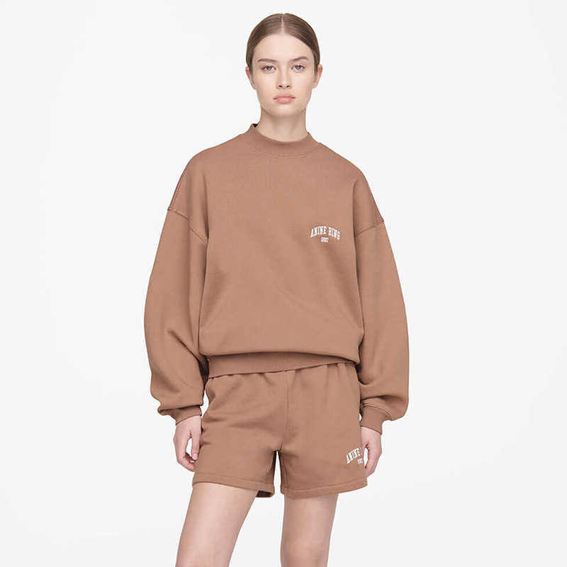 

Anine Bing Women Designer Pullover Sweatshirt Classic Letter Embroidery Pure Cotton Round Neck Khaki Sweater Tracksuit, Khaki shorts
