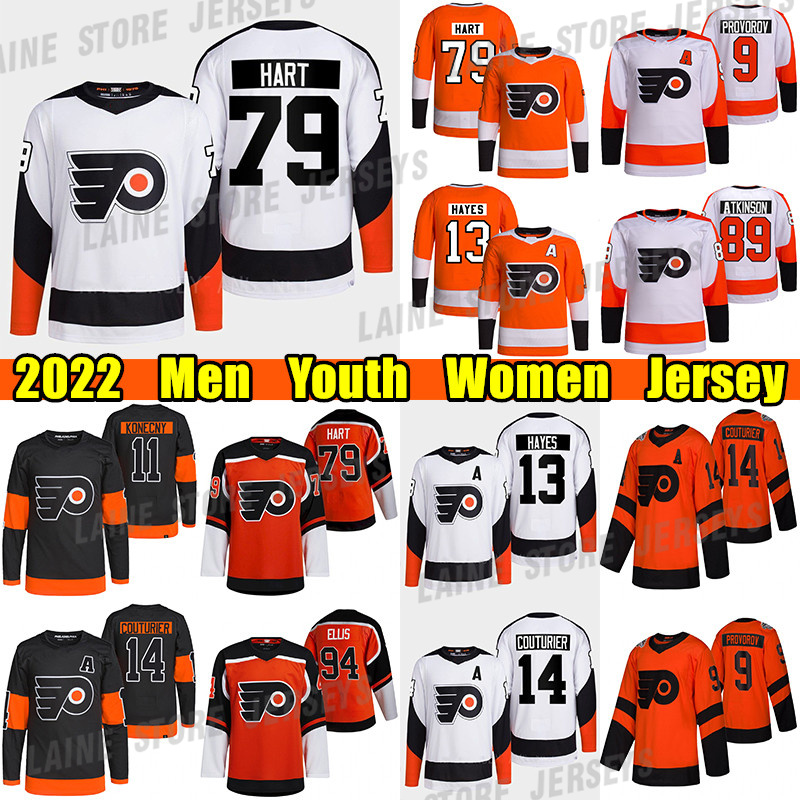

#79 Carter Hart Reverse Retro hockey jersey #14 Sean Couturier Flyers#13 Kevin Hayes Ivan Provorov Claude Giroux Ryan Ellis Eric Lindros Bobby Clarke Konecny jerseys, White youth