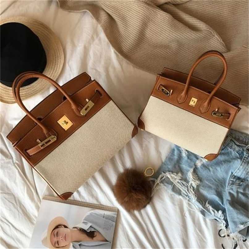 

Birkin Bags Herms 2021 Designer color contrast bag womens Crossbody Bag casual canvas splicing large capacity portable shoulder ba 5A, Caramel + beibai (25cm)